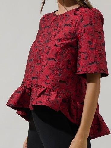 Red Jacquard Hi Low Blouse