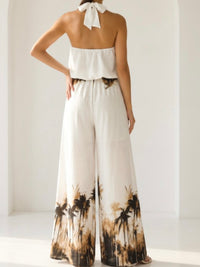 Ivory Brown Palm Tree Print Wide-Leg Pants