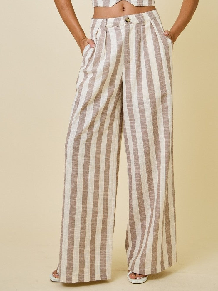 Beige & Ivory Striped Wide Leg Pants