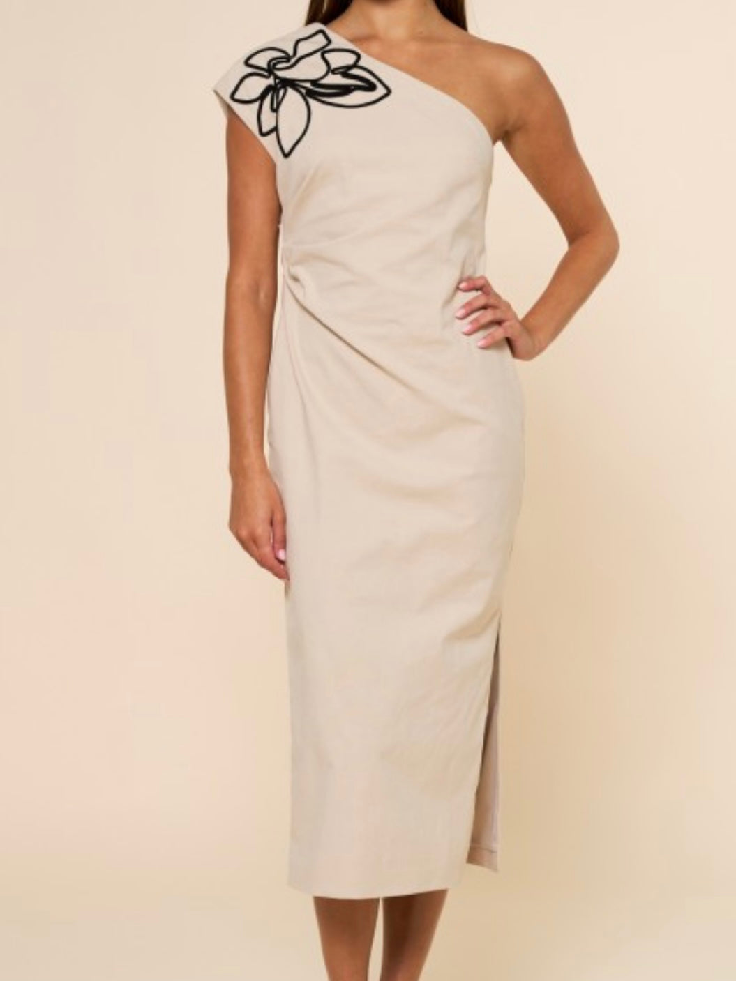 Taupe Black Flower Embroidery Fitted One Shoulder Midi Dress