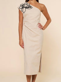 Taupe Black Flower Embroidery Fitted One Shoulder Midi Dress
