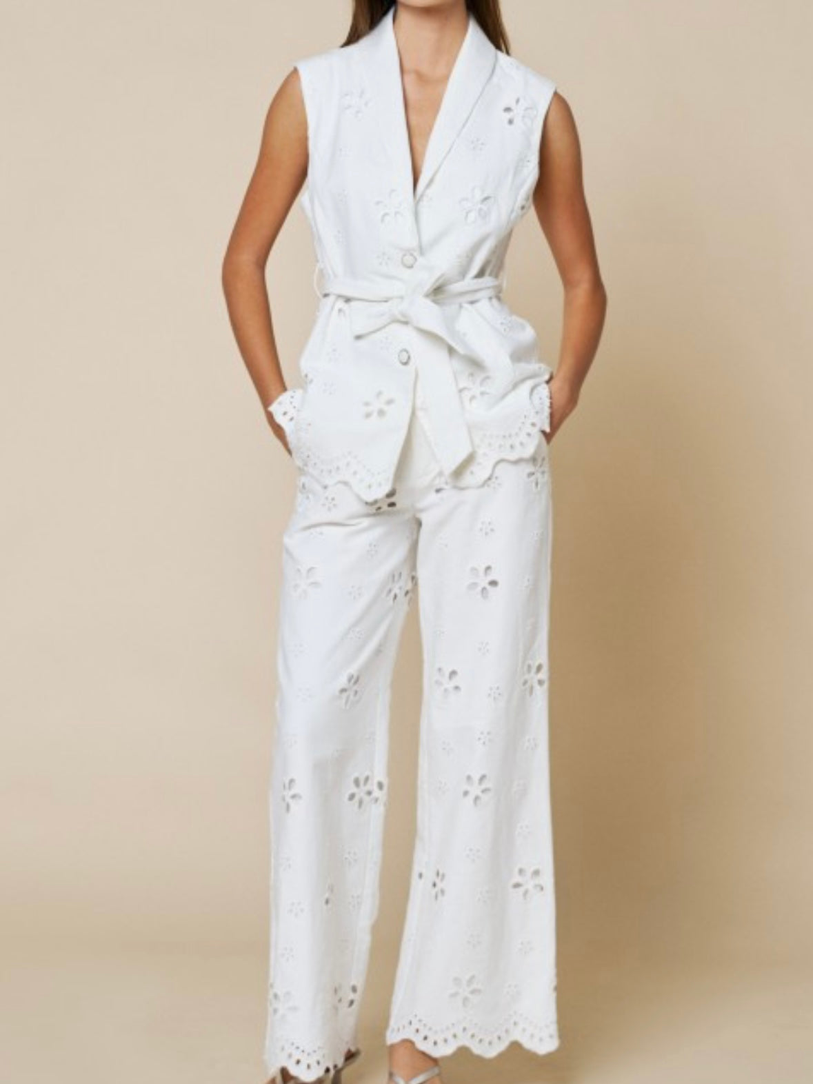 Elegant White Eyelet Wide Leg Pants