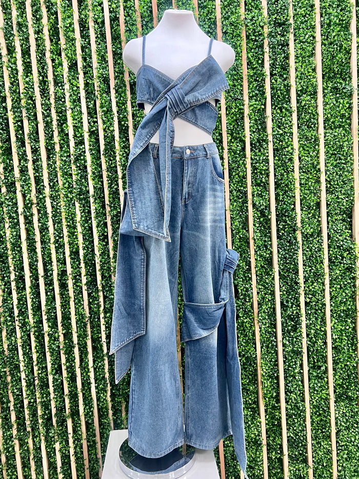 Beautiful Bow Detail Wide Leg Denim Palazzo