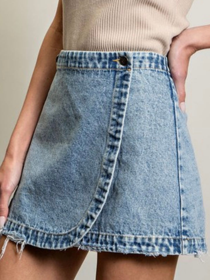 Stone Washed Wrap Denim Skirt