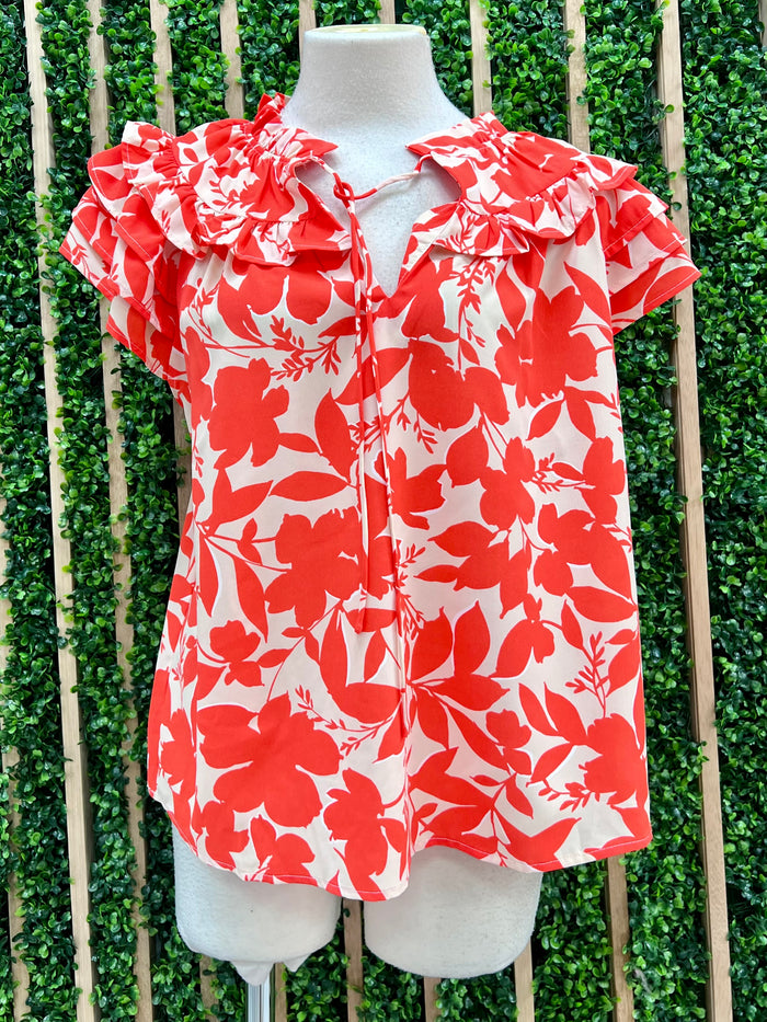 Coral Ivory Ruffled Short Sleeve Blouse