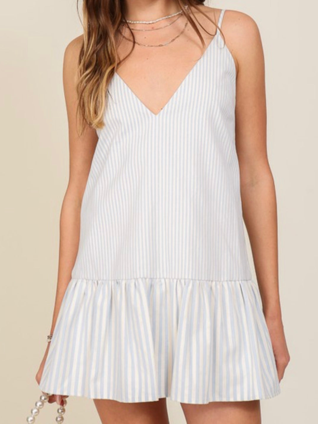 Ivory Blue Striped Cami Drop Waist Short Dress