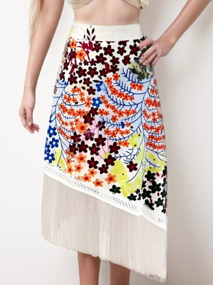 Floral Asymmetric Fringe Skirt