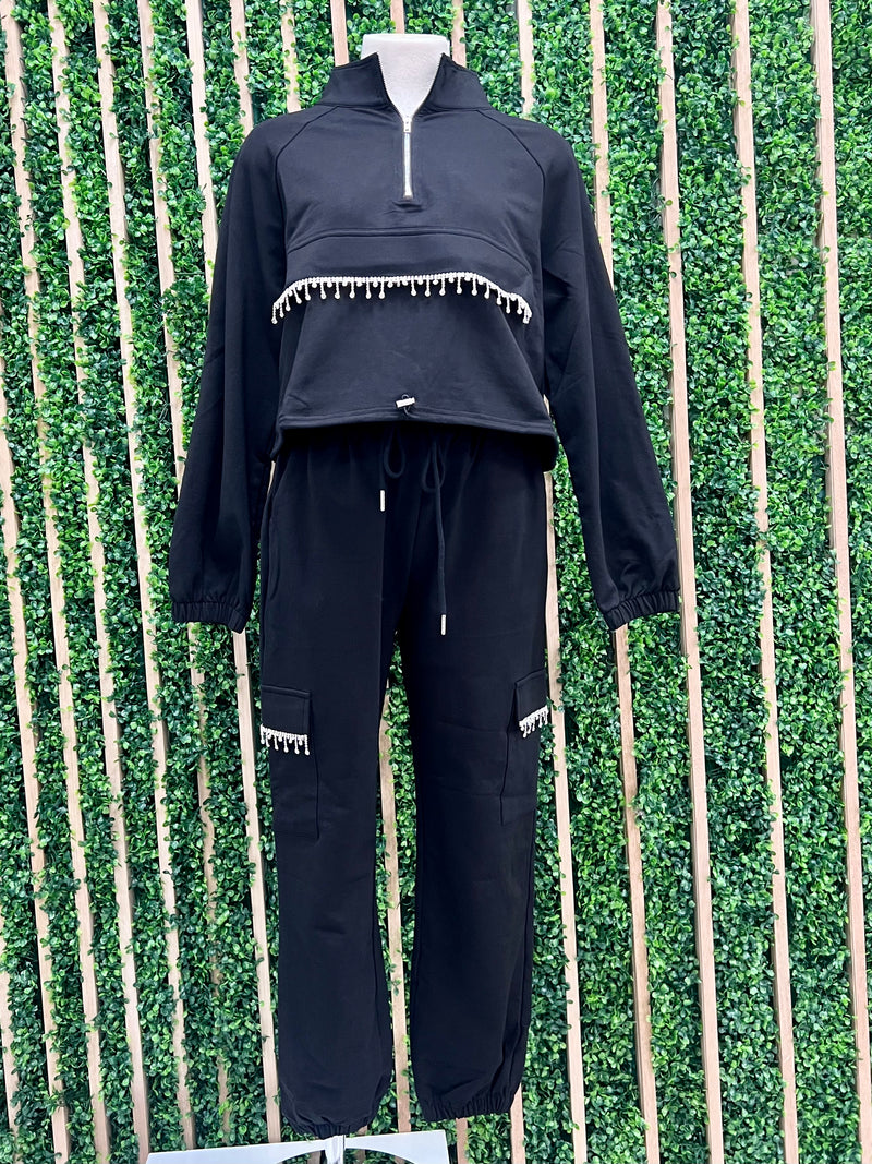 Rhinestone Fringe Trim Jogger Set