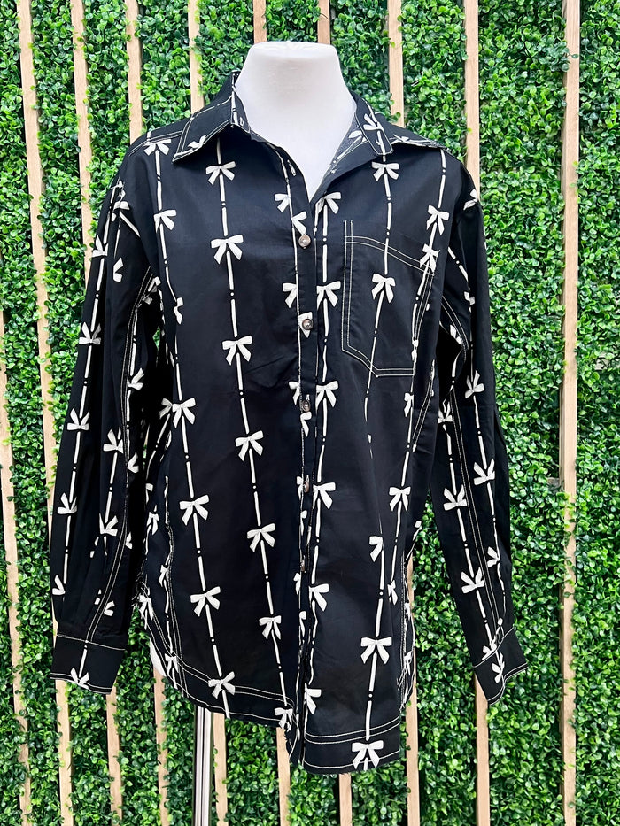 Bow Print Button Down Blouse
