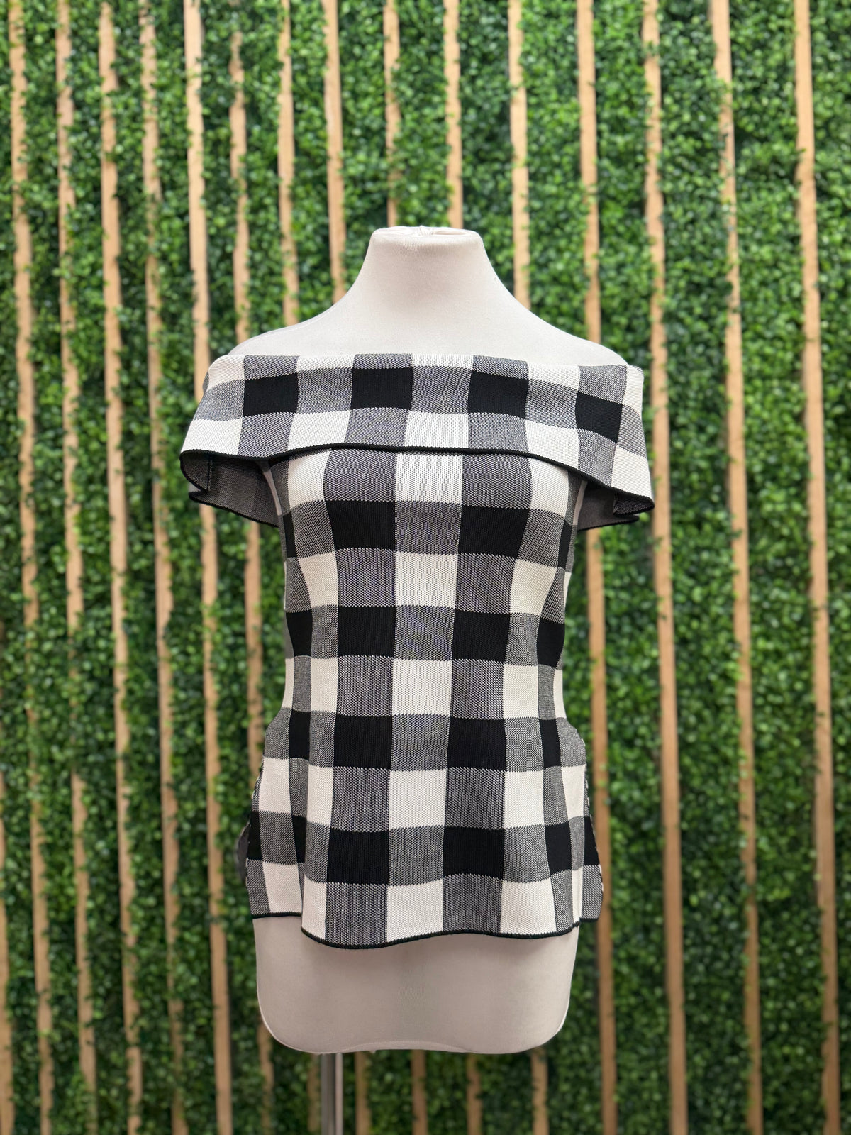 Gingham Plaid Off Shoulder Knit Top With Side Slit
