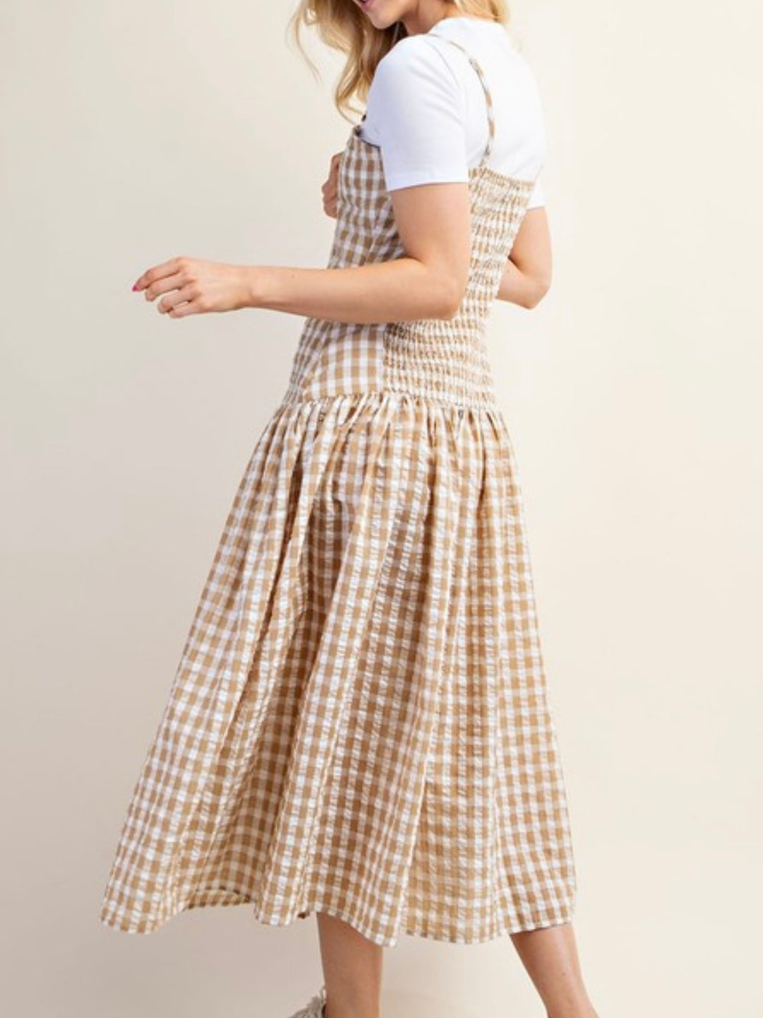 Wood Bead Detail Gingham Midi Dress