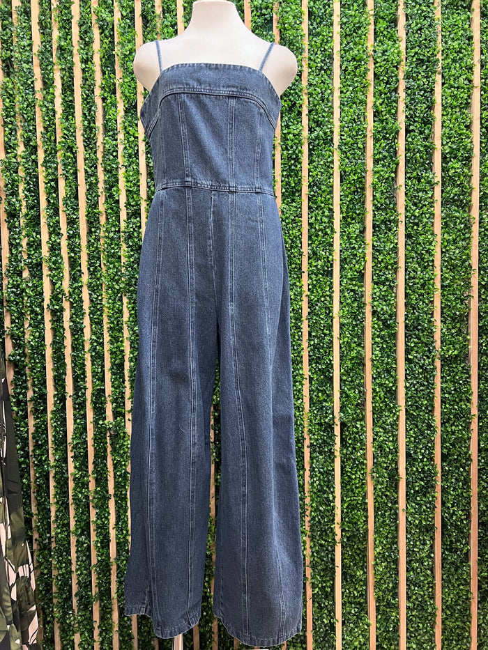 Medium Wash Denim Barrel Leg Jumpsuit for Women