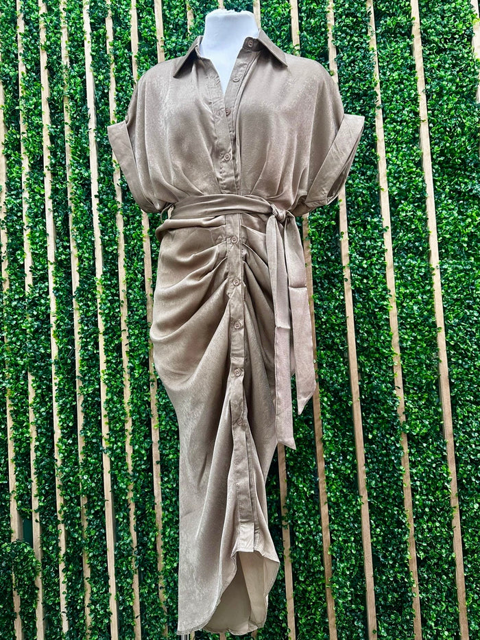 Taupe Button Down Midi Dress