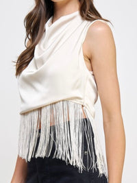 Cowl Neck Fringed Satin Top