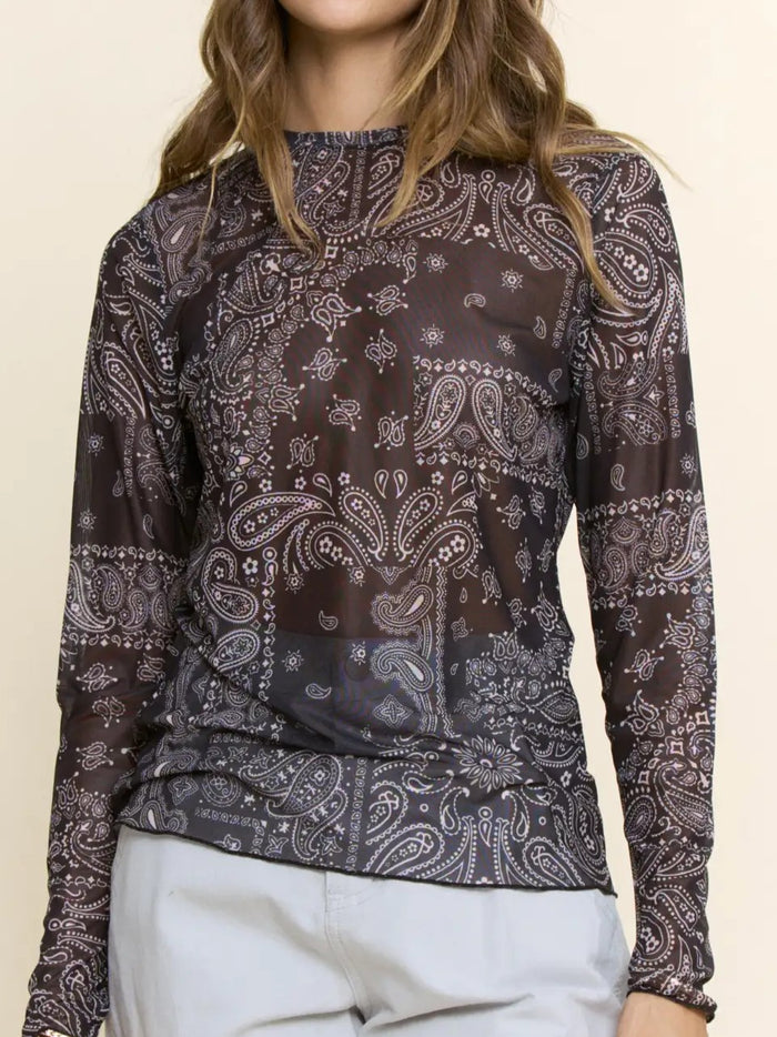 Black Paisley Mesh Long-Sleeve Top