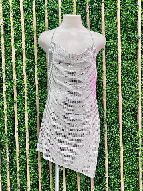Metallic Silver Cowl Neck Fitted Dress
