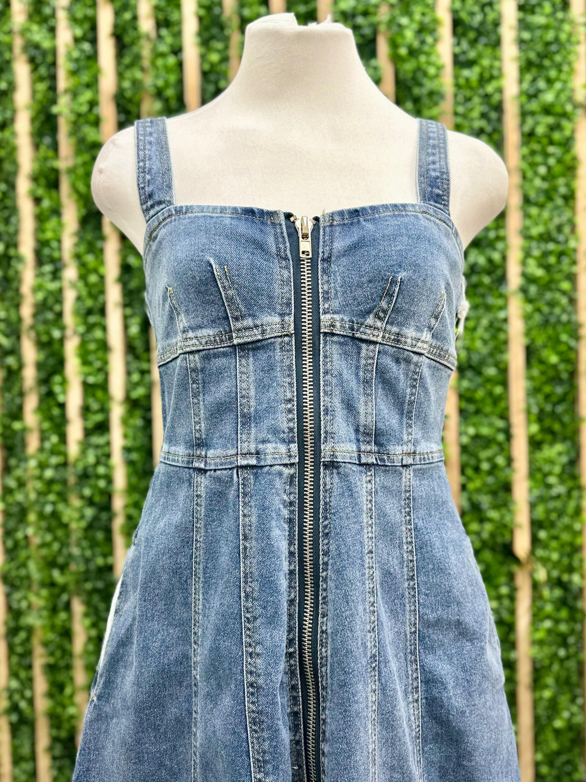 Front Zipper Halter Neck Denim Midi Dress