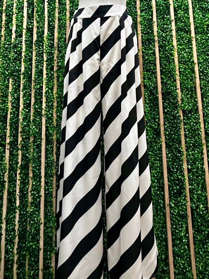 Black White Bias Satin Stripe Wide Leg Bottom