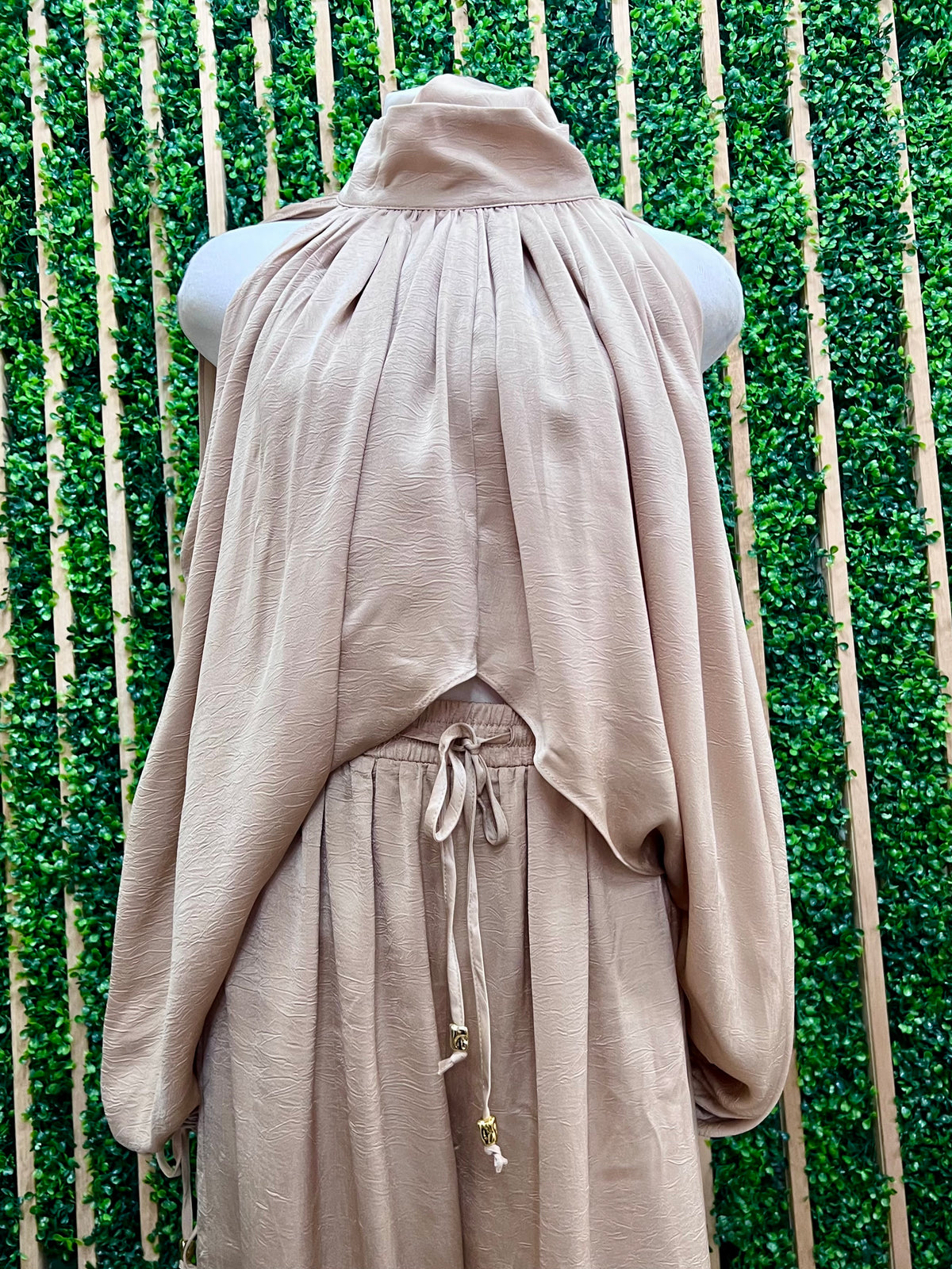 Taupe Draped Satin Long Sleeve Top for Women