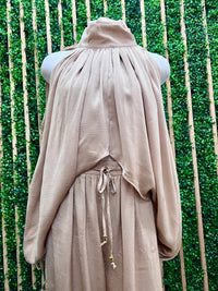 Taupe Draped Satin Long Sleeve Top for Women
