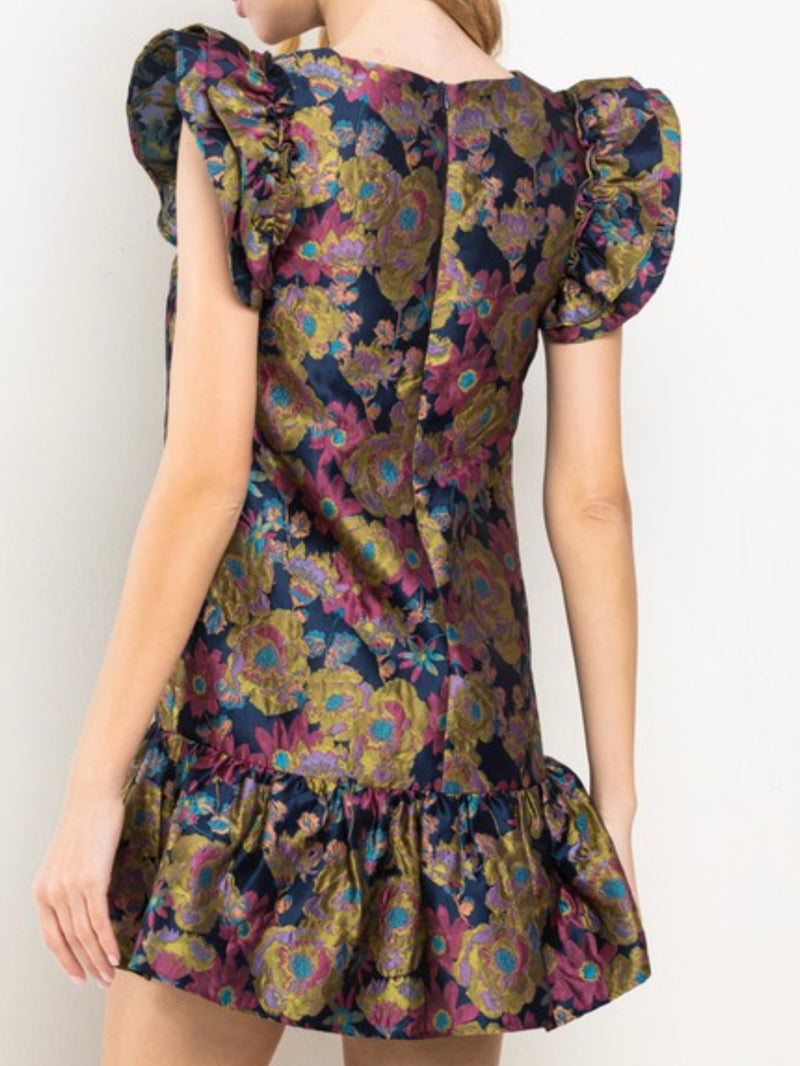 Jacquard Navy Floral Dropwaist Short Dress