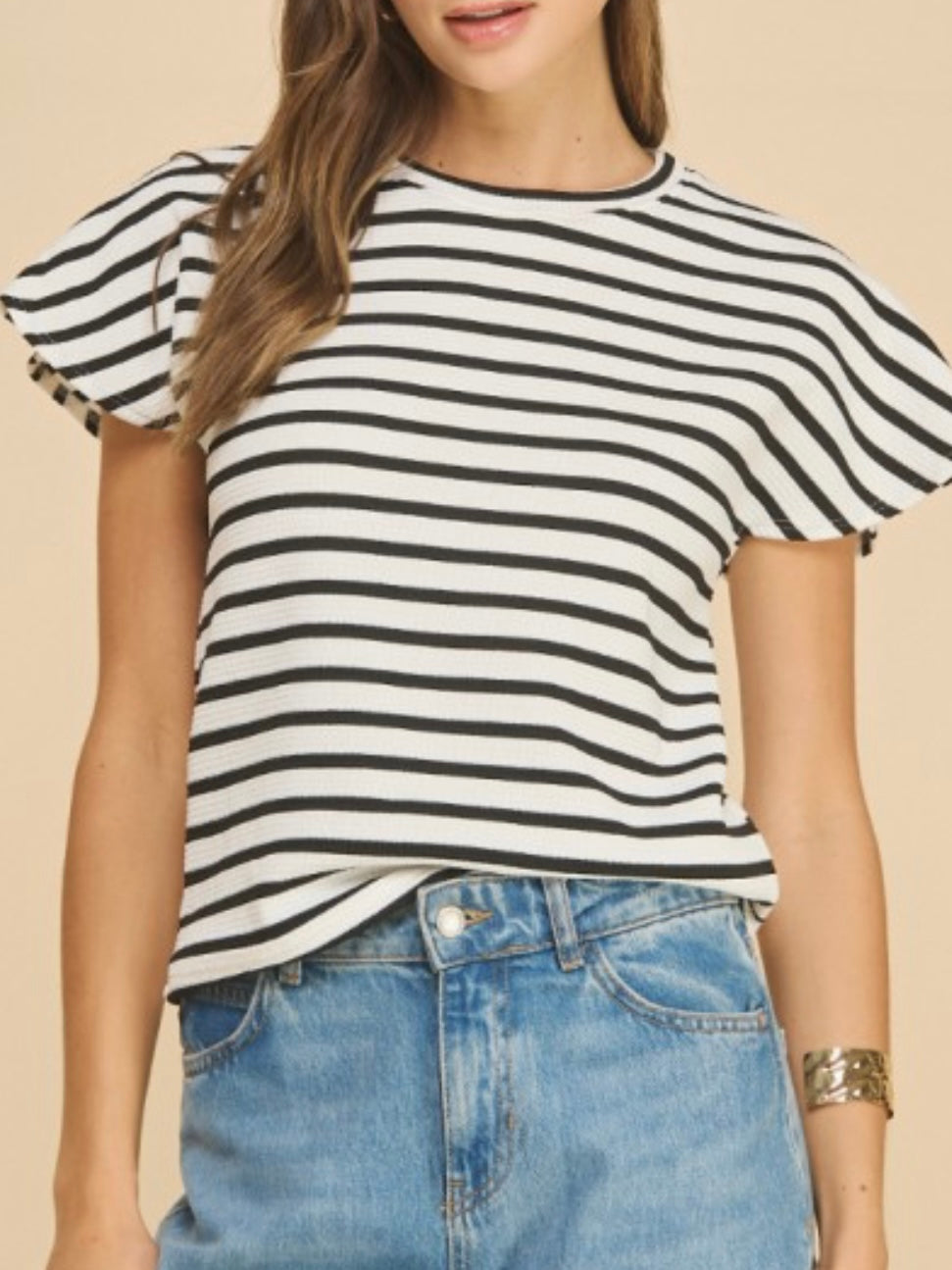Striped Cap Short Sleeve Top
