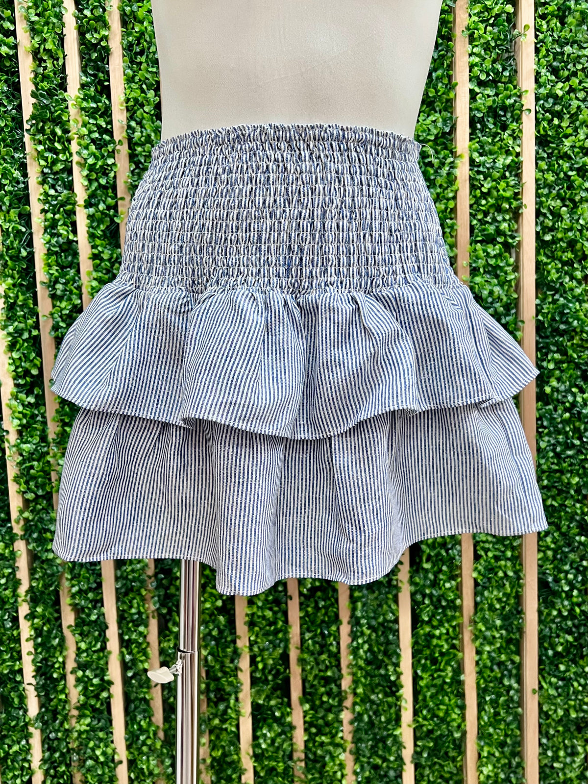 DEnim Blue Striped Smocked Ruffle Mini Skirt
