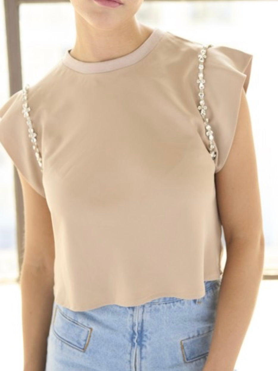 Jewel Trim Angel Sleeve Top