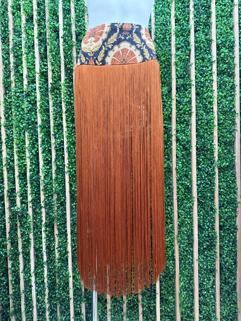Caramel Paisley Boho Fringe Maxi Skirt