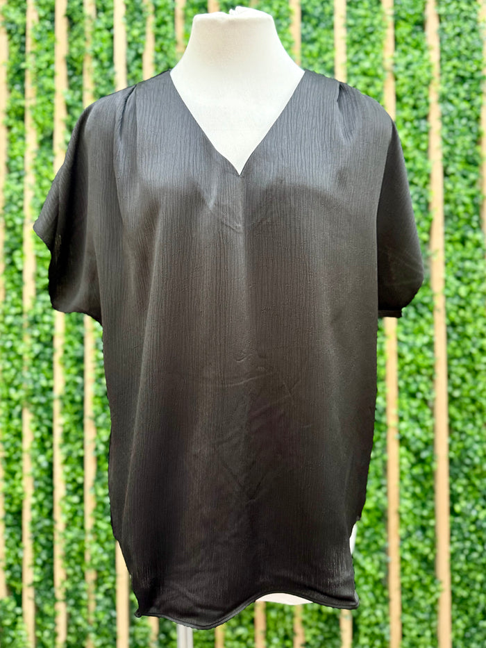 Crinkle Stain Pleated Cap Sleeve Blouse