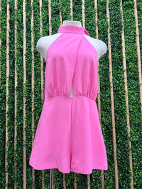 Pink Halter Crossed Front Romper