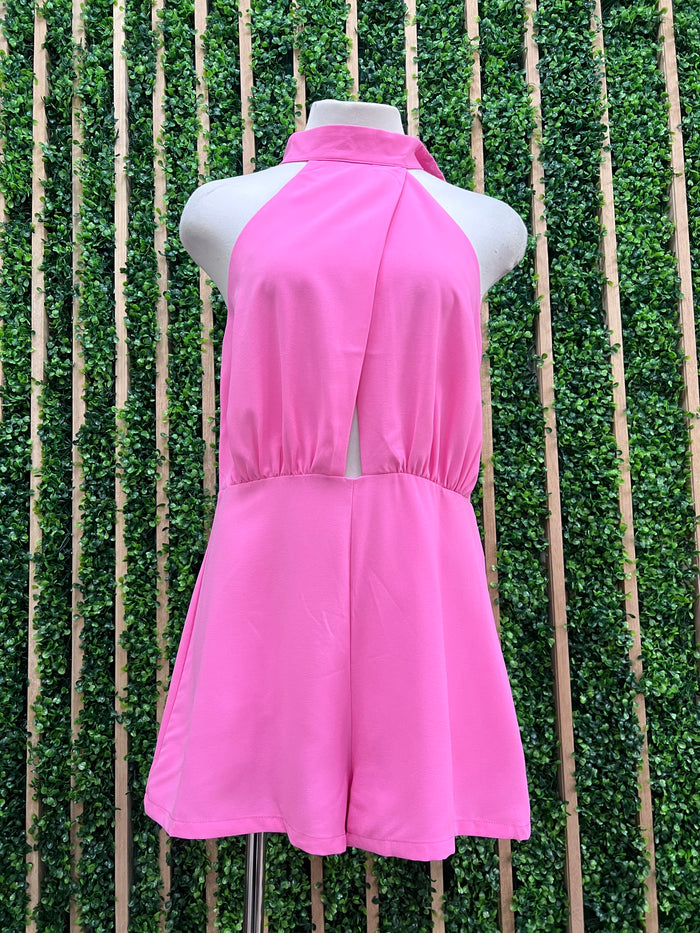 Pink Halter Crossed Front Romper