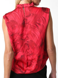 Red Floral Satin Cowl Neck Blouse