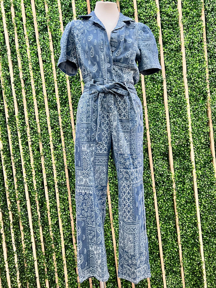 Bandana Denim Collared Jumpsuit