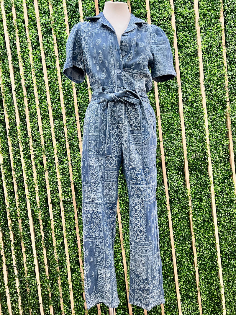 Bandana Denim Collared Jumpsuit