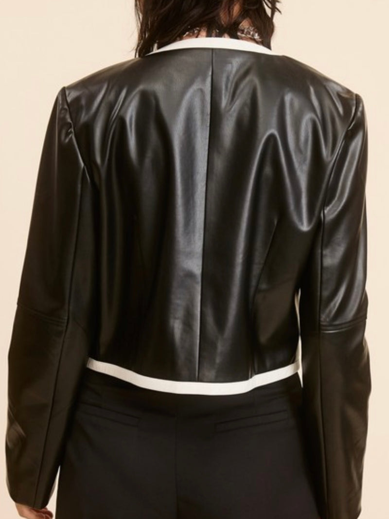 Black Piping Detail Pleather Crop Jacket