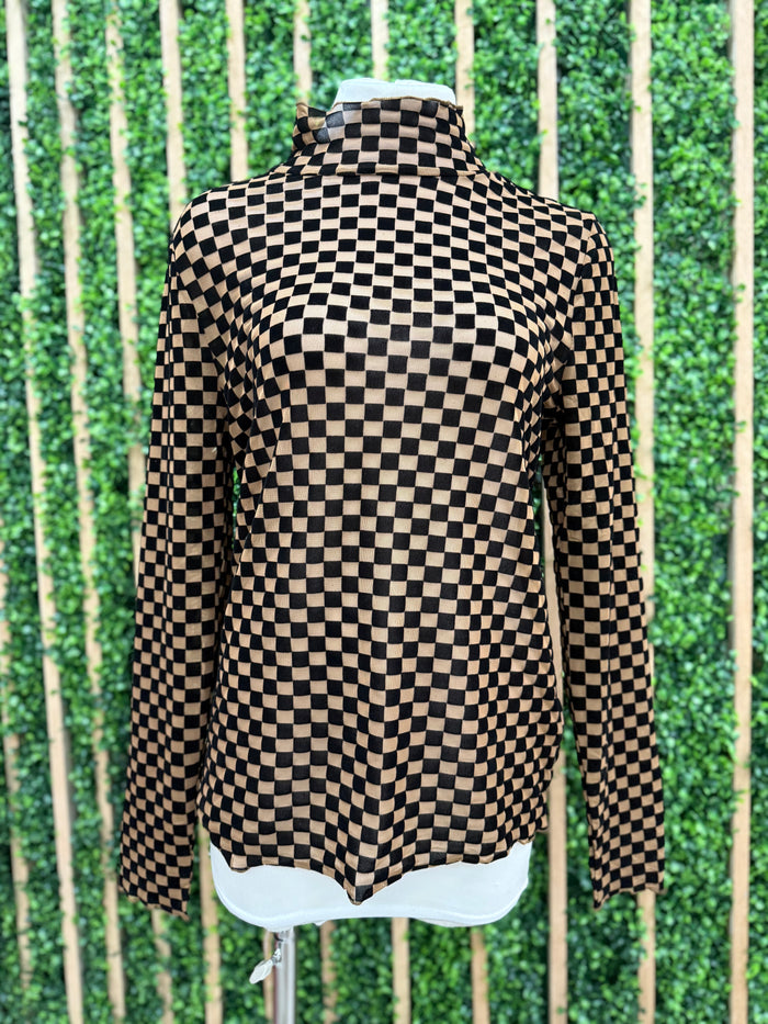 Mesh Checker Long Sleeve Top