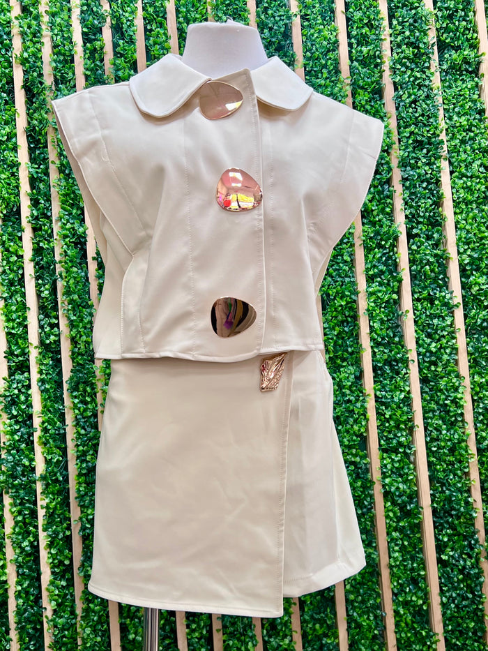 Cream Wrap-Front Skort with Gold Detail