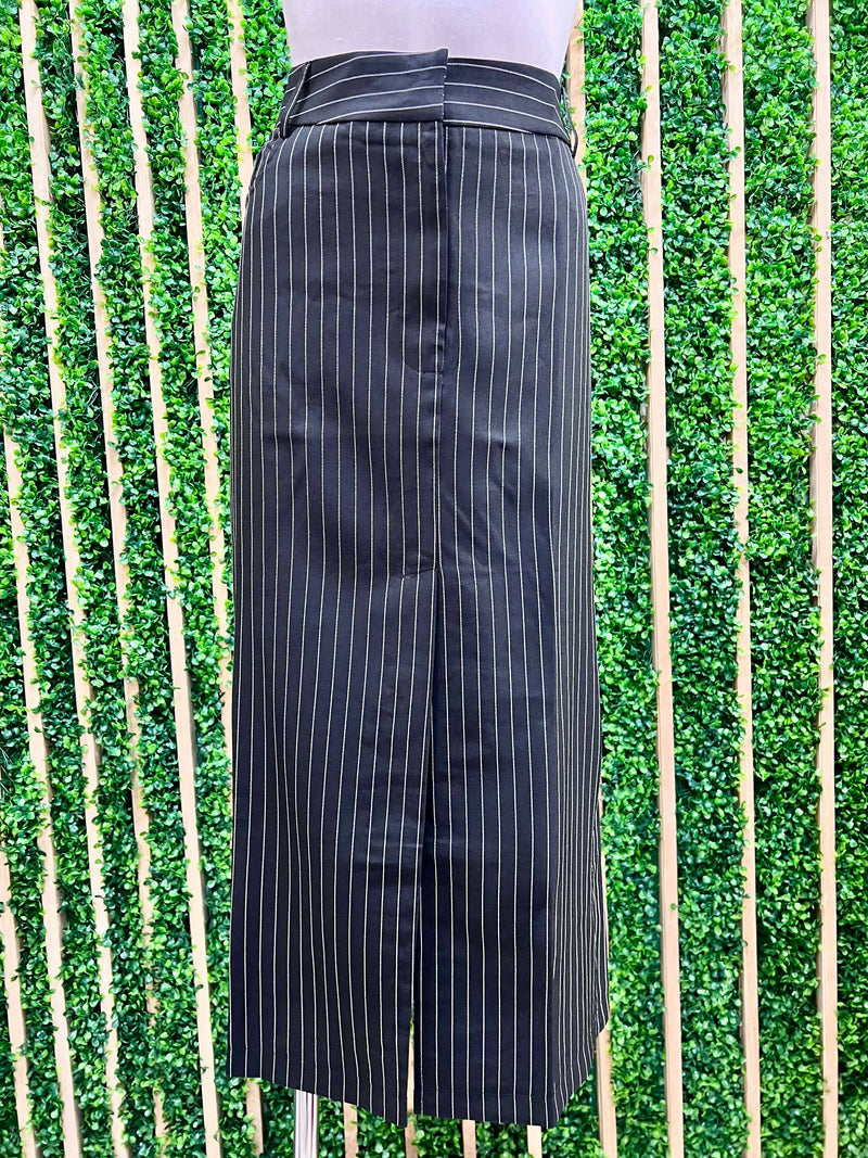 Front Slit Striped Pencil Midi Skirt