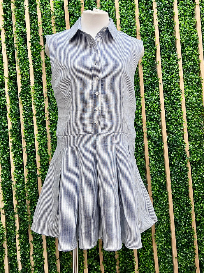 Denim Blue Striped Short Collar Dress