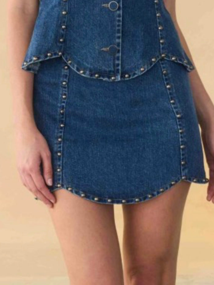 Studded Dark Denim Scalloped Mini Skirt