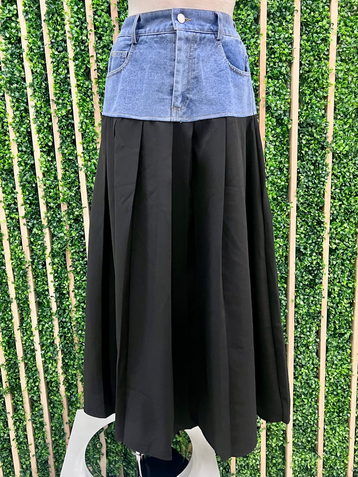 Block Denim Midi Skirt