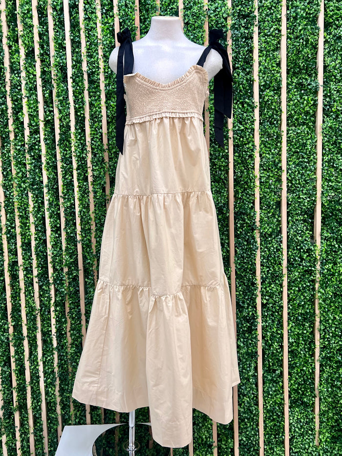 Taupe Black Bow Tie Maxi Dress