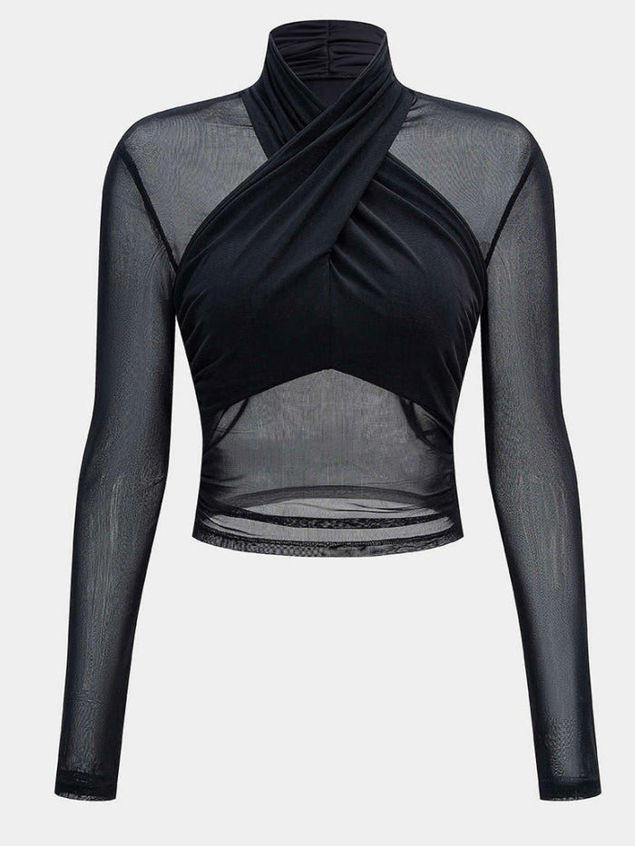 Black Sheer Mesh Cross-Front Long Sleeve Top