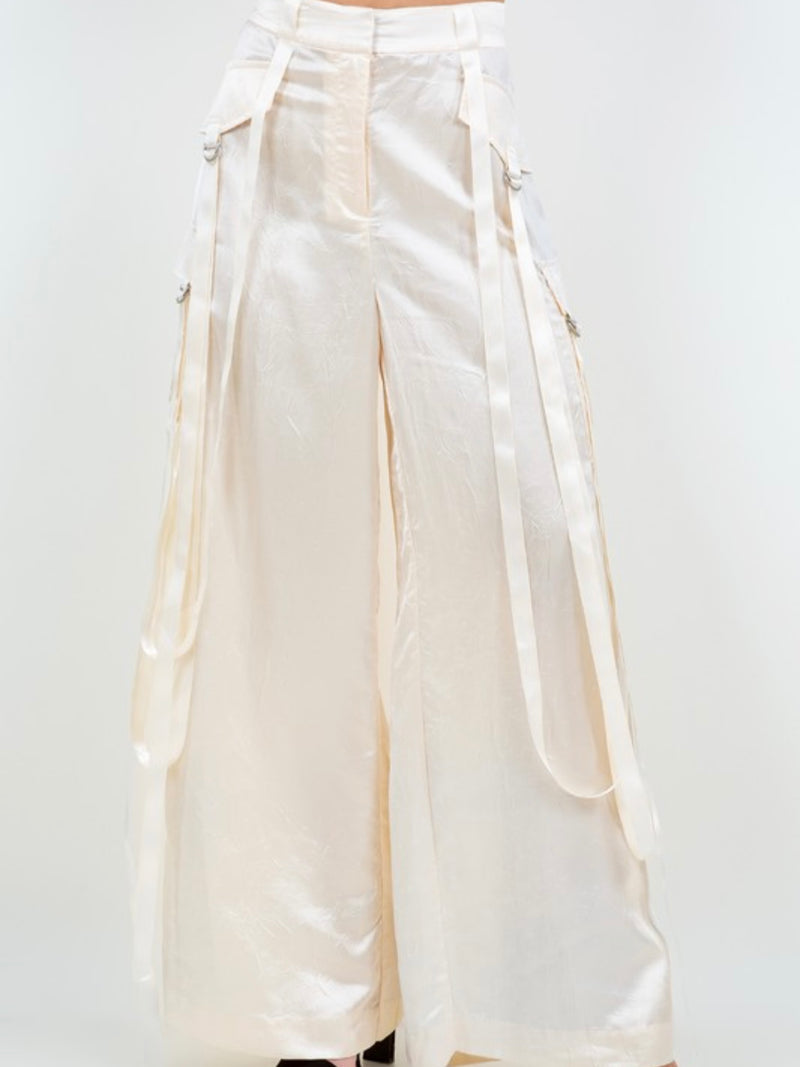 Satin Cream Crinkled Cargo Dressy Pants