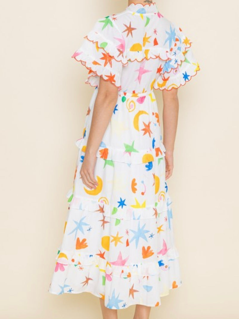 Fun Print Ruffle Sleeve Midi Dress