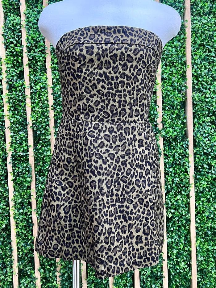 Brown Leopard Strapless Denim Dress