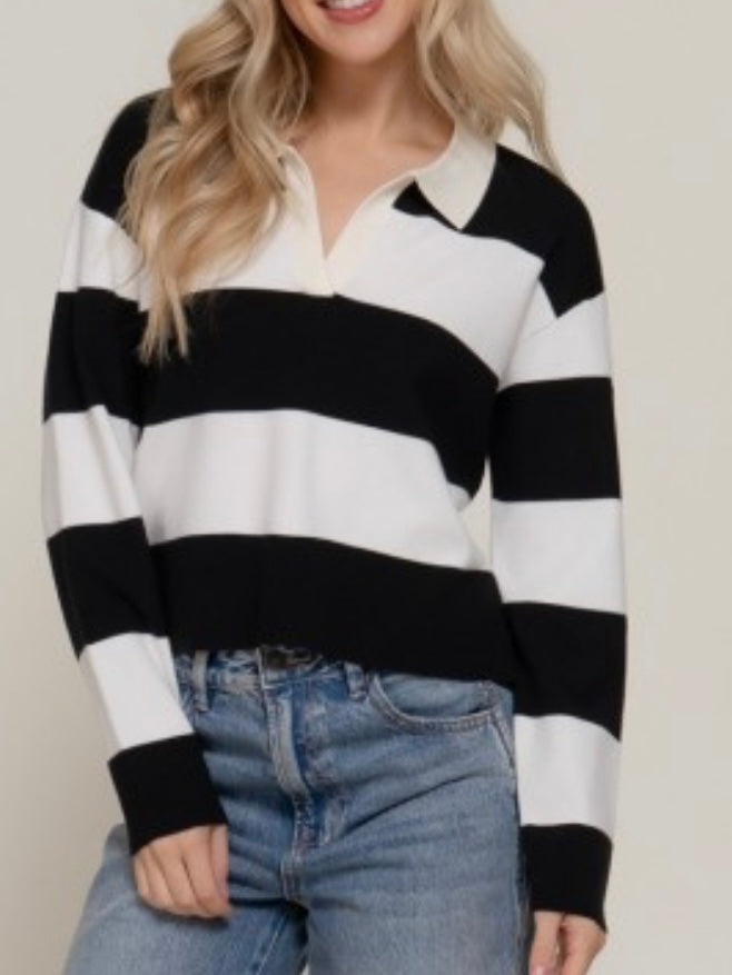 Striped Rugby Collar Long Sleeve Knit Top