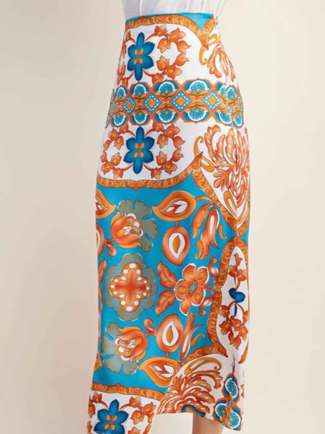 Blue Vines Satin Midi Skirt