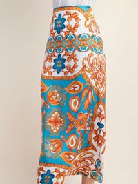 Blue Vines Satin Midi Skirt